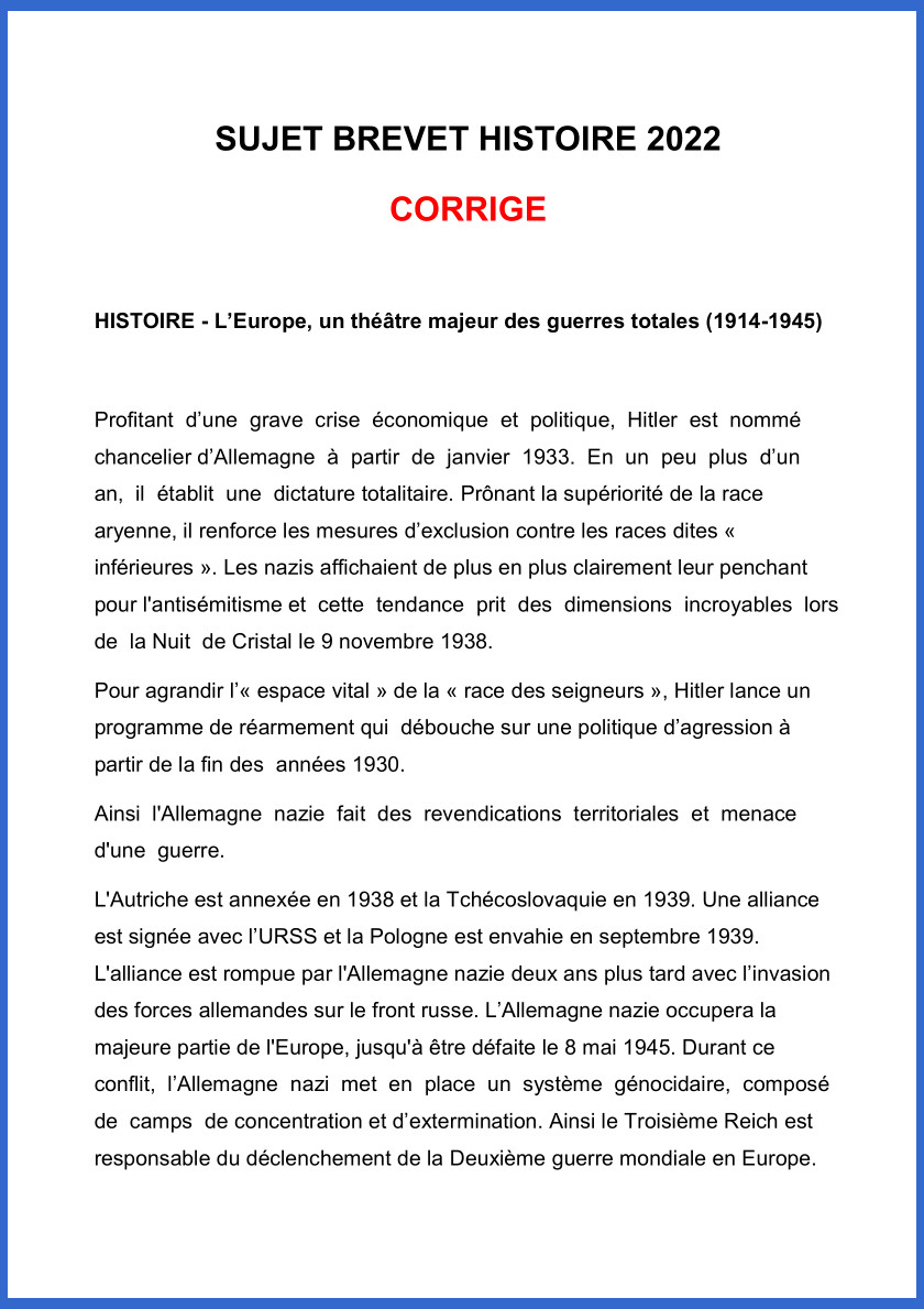 Sujet Brevet Francais 2022 Sujet Histoire Brevet 2022 et sa Correction à imprimer