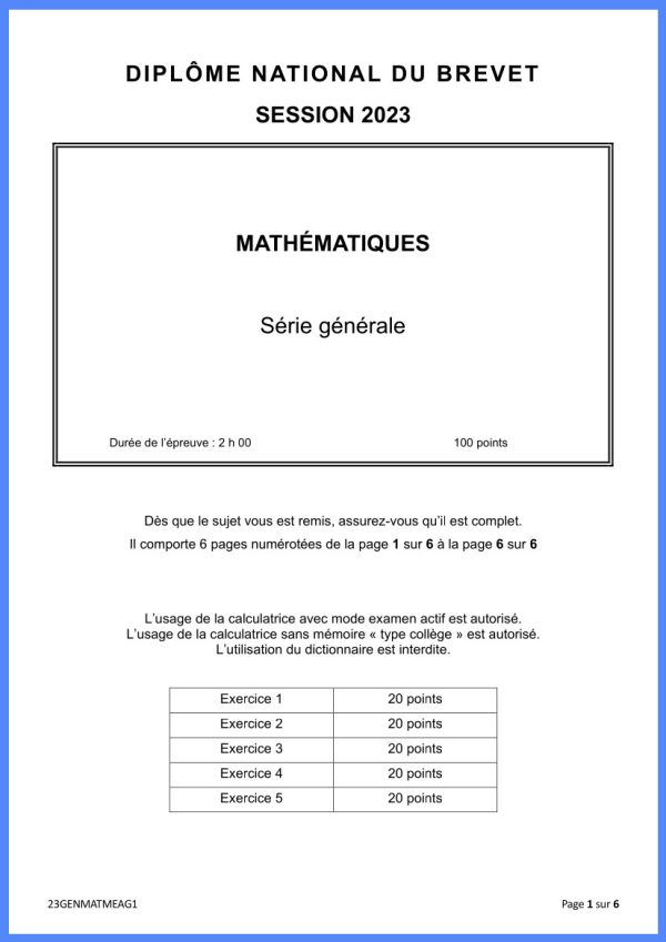 Sujet De Maths Du Brevet 2023 Et à Sa Correction à Imprimer ...