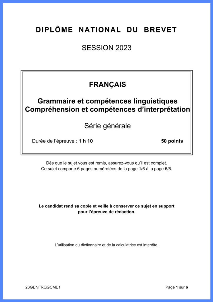 Sujet Francais Brevet 2023 Et Sa Correction à Imprimer